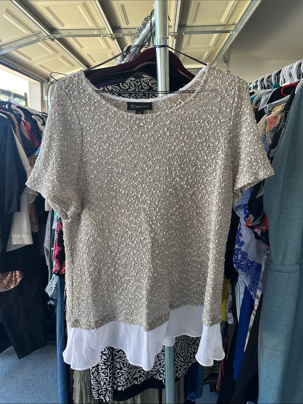 INC International Concepts Beige Knit Top with White Chiffon Hem